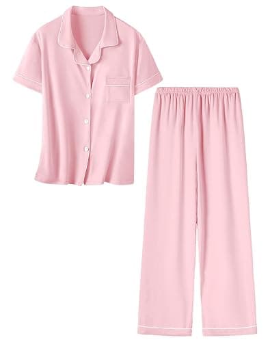 Umeyda Girls Pajamas Set Button Down Notch Collar Soft Short Sleeve Pjs Set with Long Pant Set Lounge Set - Image 1