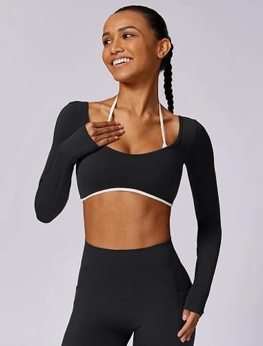 ABOCIW Long Sleeve Workout Tops for Women with Built in Bra Halter Open Back Croped Gym Top Yoga Athletic Shirts thumbnail 4