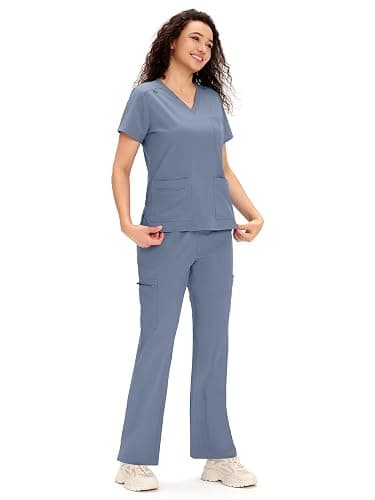COZYFIT Scrubs for Women - V Neck Top & Cargo Straight Pants 12 Pockets | Water Resistant, Side-Slit Hem, Easy Care, Workday Utility, For Nurses, Clinics, Long Shifts, Daily Medical Uniforms thumbnail 8