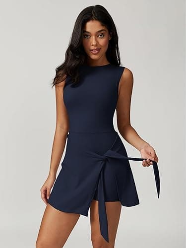 ABOCIW Womens High Neck Tennis Dress Sleeveless Wrap Skirt Built in Shorts Golf Athletic Dress Workout Rompers - Small - Navy thumbnail 4