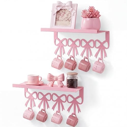 ElaraBerry 2 Pcs Pink Bow Coffee Mug Rack Pink Coffee Bar Accessories Wall Mounted with 4 Hooks 16.8in x 4.8in Shelf Metal Hooks Kawaii Coquette Preppy Style Decor Kitchen Bar - Image 1