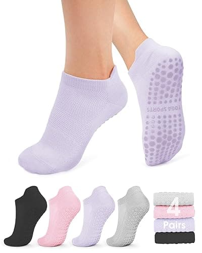 YeuG 4/6 Pairs Pilates Socks for Women - Non Slip Grip Socks for Yoga, Barre, Hospital, Barefoot - Small-Medium - B04-black/Light Grey/Light Purple/Pink