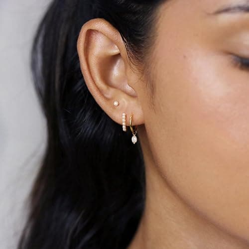 GUOKE 3 Pairs Small Hoop Earring Stacks, 14K Gold/Silver/Black/Rose Gold Plated Pearl Heart Butterfly Bow Star Moon Leaf CZ Hoop Charm Huggie Earrings Trendy Jewelry Gift for Women thumbnail 3