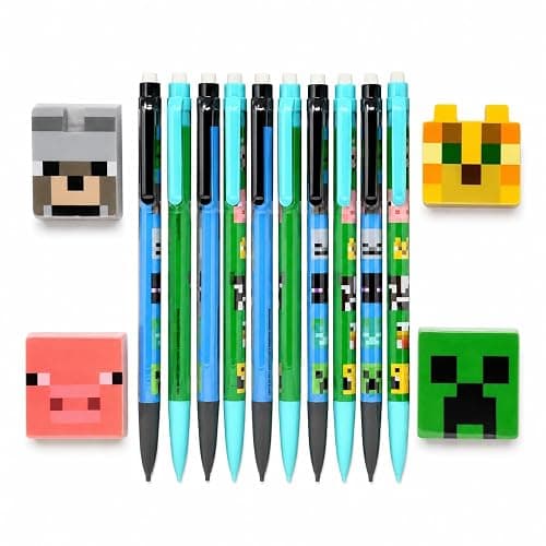 Minecraft Mechanical Pencil and Eraser Set – 10-Pack 0.7mm Pencils + 4 Minecraft Character Erasers – Kids School Supplies - Image 1
