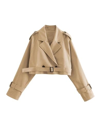 Xiaoxuemeng Womens Cropped Bike Jacket Casual Double Breasted Trench Coat with Belt - Image 1