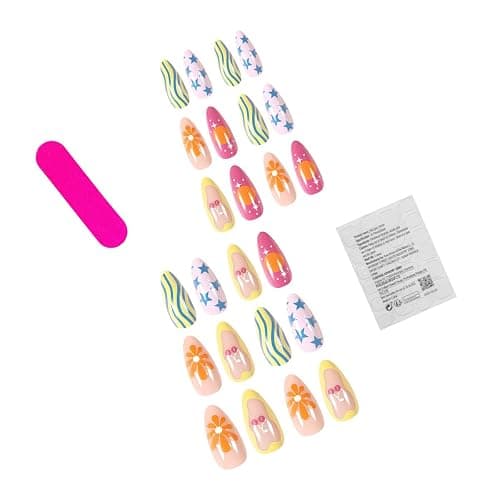 Colorful Press on Nails Short Medium Length Almond Fake Nails with Star Cherry Striped Design Cute Geometric Irregularity Acrylic Stick on Nails Summer Glossy Full Cover Glue on Nails for Women 24Pcs thumbnail 2