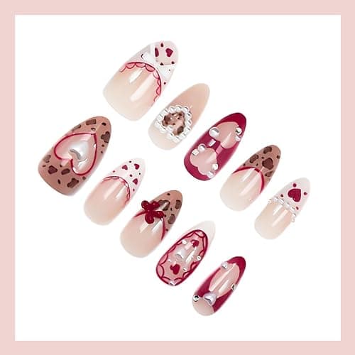 30Pcs Valentines Press on Nails Medium Almond Fake Nails French Tip 3D White Pearl Designs Cute Bow False Nails Leopard Polka Dots Acrylic Stick On Nail with Heart and Rhinestones Romantic for Women thumbnail 4