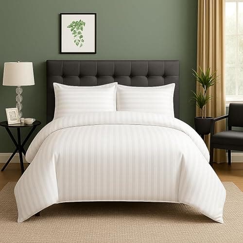 MIA we dress your home Luxury Double Duvet Cover Set - Hotel Quality Satin Stripe White Bedding Set Comforter Quilt Cover With 2 Pillowcases Zip Closure (White, Double) thumbnail 5
