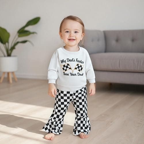 DSOKUHIB Toddler Baby Girl Race Car Outfit Letters Long Sleeve Sweatshirt Checkered Bell Bottom Pants Set Fall Winter Clothes thumbnail 3