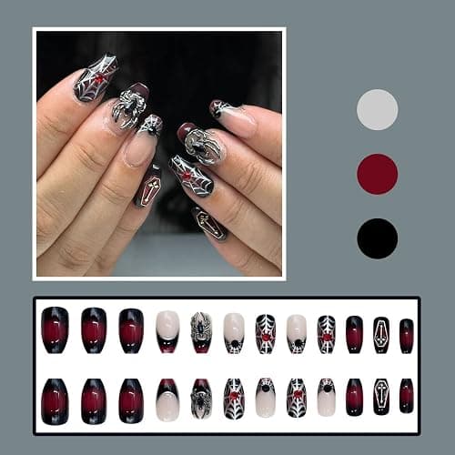 MouyouGlow Press on Nails Kurz,Ballerina Halloween Rot Gradient Schwarz French Spinnennetz 3D Silber Spinnen Crytsal Horror Gothic Fake Nails mit Nagelkleber,Ret Ombre Black Künstliche Fingernägel thumbnail 4