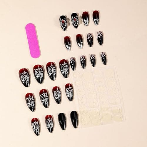 MouyouGlow Press on Nails Kurz,Almond Halloween Spinnennetz 3D Spinnen Crytsal Horror Creepy Spooky Gothic Fake Nails mit Nagelkleber,Rot Ombre Schwarz Künstliche Fingernägel thumbnail 2