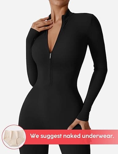 YEOREO Women Workout Jumpsuit Zip Up Long Sleeve Romper Bottom Pants Bodysuit Bodycon Sexy One Piece thumbnail 2