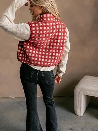 Rvnsu Women's Zip Up Sherpa Vest Checkered Fleece Vest Fall Winter Sleeveless Cardigan Warm Collared Outerwear Vests thumbnail 2