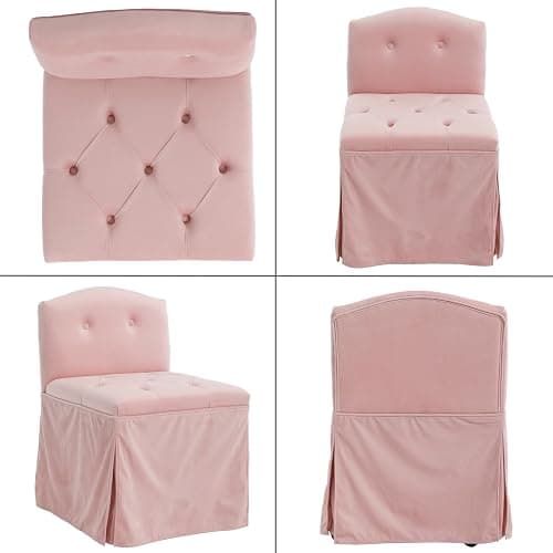 DM Furniture Pink Velvet Makeup Vanity Chair with Back & Wheels | Upholstered Skirted Vanity Stool, Metal Legs, Armless, Swivel Slipper Accent Chair, Rolling Desk Chair, Living Room, Bedroom thumbnail 9