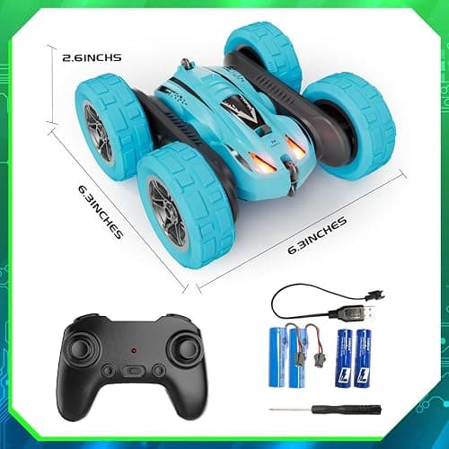 RacingFun Remote Control Car for 6-12 Year Old Double Sided 360°Rotating 4WD RC Cars with Headlights 2.4GHz Rechargeable Electric Stunt Race Car Toy for Boys Girls Birthday Gifts(Blue) thumbnail 2