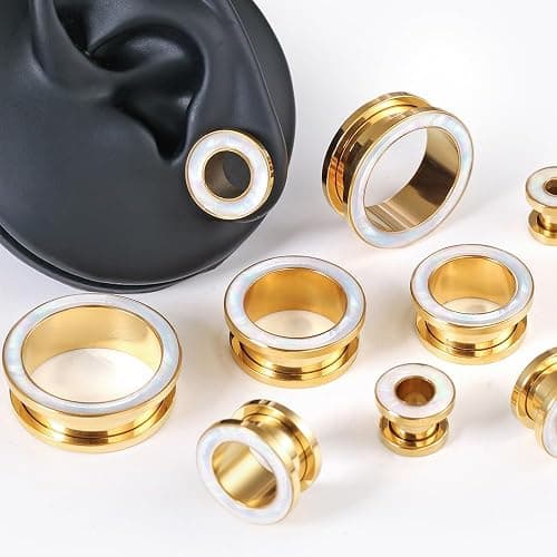 BOKABOO 2 Pairs White Pearl Shell Stainless Steel Ear Gauges Plugs and Tunnels, Size 2g - 1 inch Hypoallergenic Surgical Steel Ear Stretcher Expander Body Jewelry thumbnail 4