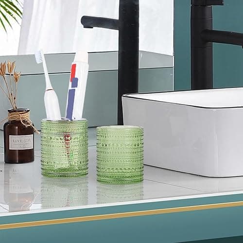 Tonxus Toothbrush Holders for Bathrooms,Glass Toothbrush Holder,10oz Bathroom Tumbler and Mouthwash Cup,Bathroom Storage Cup for Tooth Brush,Toothpaste and Makeup Brush (Green) thumbnail 2