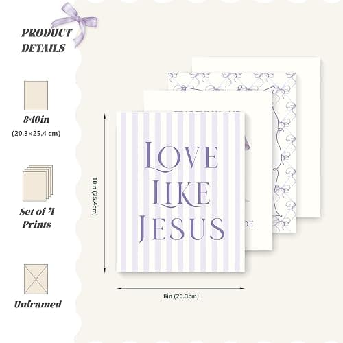 LARTSFRO Coquette Purple Bow Jesus Wall Art Decor Posters, Purple Bow Christian Room Bedroom Bathroom Dorm Wall Art Decor Aesthetic for Teen Girls Gifts, Inspirational Bible Verses Bow Wall Decor, 10x8 Inch Set of 4 Bow Pictures (UNFRAMED) thumbnail 2