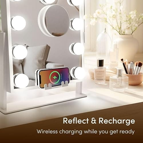 Fancii Vanity Mirror with Lights, BT Speaker, Wireless Charging - Detachable 10X Magnifying Mirror, 9 Hollywood Bulbs, LED Lighted Makeup Mirror with Phone Stand, 3 Color Modes, Adjustable Tilt thumbnail 4