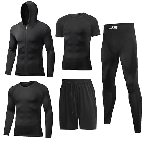 JULY'S SONG Ensemble d'entraînement de compression pour homme, 5 pièces, séchage rapide, chemise, pantalon, short, veste, vêtements pour salle de sport - Image 1