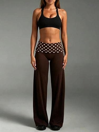 TELUPDI Womens Polka Dot Fold Over Yoga Pants Low Rise Wide Leg Flare Leggings Bell Bottom Lounge Y2K Foldover Pants thumbnail 5