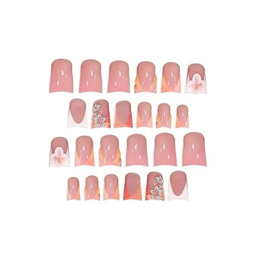 24Pcs Medium Press on Nails Duck Fake Nails Orange French Tip Nails Press on with Charms Star and Flower Designs False Nails Glossy Full Cover Acrylic Nail Glue on Nail for Women Girls thumbnail 3