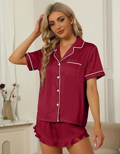 SAPJON Silk Pajamas for Women Set 4Pcs Ruffled Satin Pajamas Set Button Down Short Sleeve Cami Shorts Sleepwear Pj Set thumbnail 5