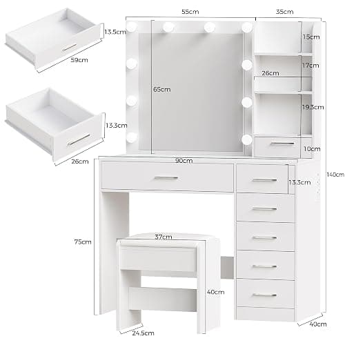 BEWISHOME Dressing Table with Mirror and LED Lights,Vanity Desk with Stool | Adjustable Brightness,Vanity Table with Power Outlet,7 Drawers and Open Shelves,Modern Makeup Table for Bedroom,White,YFST51W thumbnail 2