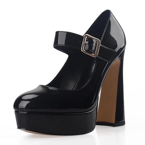 Oh Mispares Women's Chunky Heel Mary Jane Pumps Closed Toe Thick Sole Platform Adjustable Ankle Strap Block High Heeled Pumps Patent Dress Casual Wedding Heels 5 Inch thumbnail 7