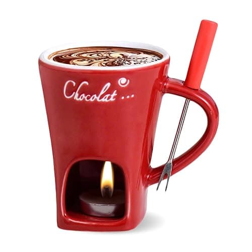 AMZWISH Mini Sweet Fondue Cup, Ceramic Coffee Warmer Mug, Portable Chocolate Melting Cup with Fork for Cheese, Great for Adult/Kids for Camping/Date/Movie Night/Birthday/Wedding Gifts (Red) - Image 1