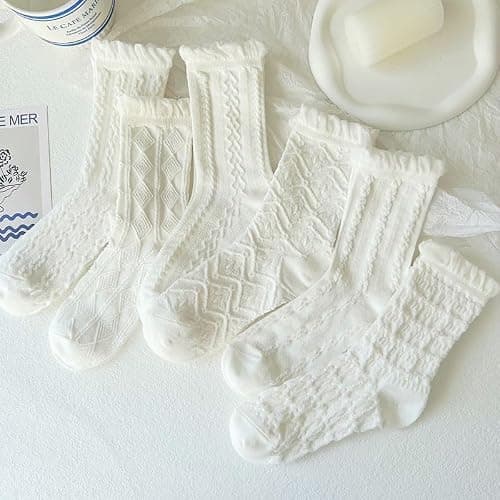 Tyadorw 5 Pair White Cute Ankle Socks for Women Coquette Cable Knit Long Cotton Lace Ruffle Frilly Cottagecore FLoral Socks thumbnail 5