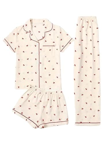 Verdusa Women's 3 Piece Cute Pajama Set Bow Button Down Shirts and Shorts Pants Lounge Pjs Set - Image 1