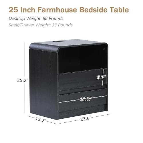 HtThalamic Modern Nightstands with Charging Station, Black Night Stand with 2 Drawers, Wood End Table with Storage, 23.6'' Wide Bedside Cabinet for Bedroom thumbnail 2