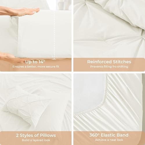 Sasttie Queen Comforter Set, 7-Piece Bed in a Bag, Pintuck Bedding Sets for All Season, Includes Comforter, Flat Sheet, Fitted Sheet, Pillowcases and Pillowshams, Ivory thumbnail 5