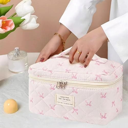 MZLUWM Large Travel Quilted Makeup Bag，Cute Bow Cotton cosmetic bag, Fashionable aesthetic makeup bag,Coquette Aesthetic Floral Travel Toiletry Bag for Women and Girls thumbnail 6