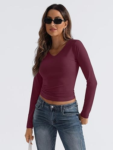 Trendy Queen Long Sleeve Shirts for Women 2025 Fall Fashion V Neck Basics Crop Tops Slim Fitted Y2K Tops Outfits Clothes thumbnail 4