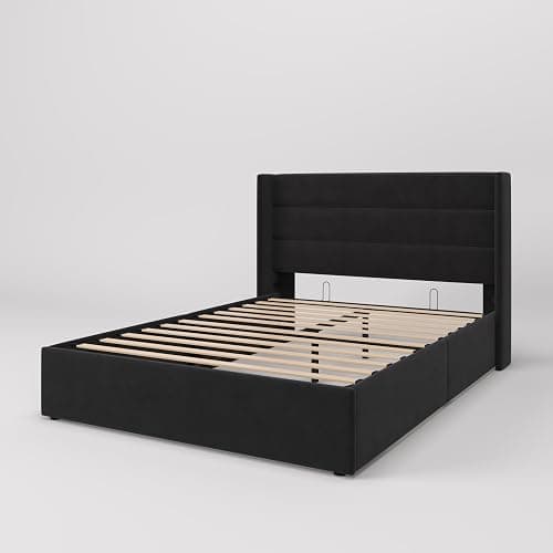 SHA CERLIN Queen Size Lift Up Storage Bed/Velvet Upholstered/Modern Wingback Headboard/Upholstered Platform Bed Frame/Hydraulic Storage/No Box Spring Needed/Black thumbnail 9
