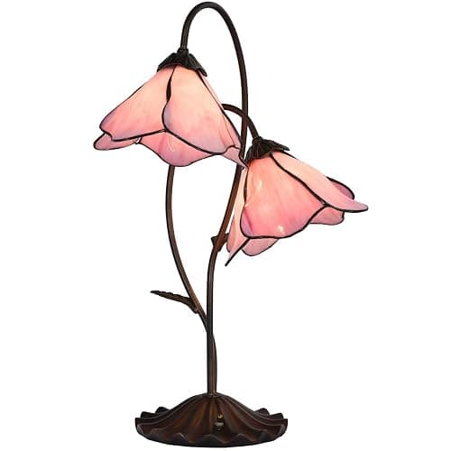 Bieye L10811 Flower Tiffany Style Stained Glass Table Lamp with 8-inch Wide Bent Glass Lampshade Lily Pad Base (2-Light, Pink) - Image 1