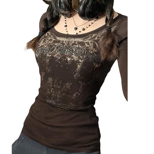 Graphic Tees for Women Teen Girls Aesthetic Grunge Gothic Clothes Y2k Shirt Knit Basic Long Sleeve Top Fall thumbnail 2
