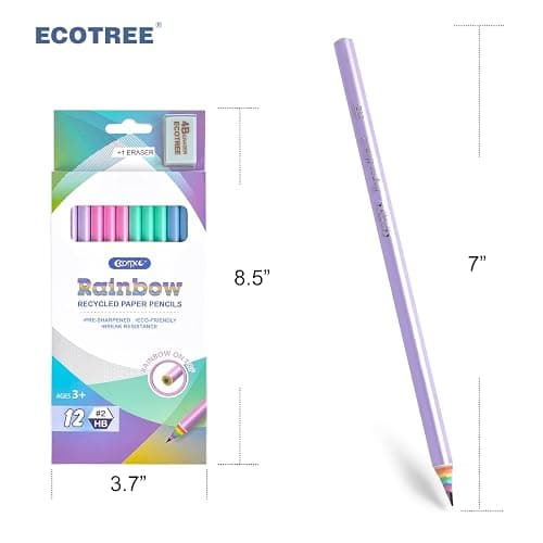 ECOTREE Pre-Sharpened Pencils #2 Eco Rainbow Paper Pencils for Kids Cute Number 2 Pencil with Erasers for School, Writing,12 Count thumbnail 3