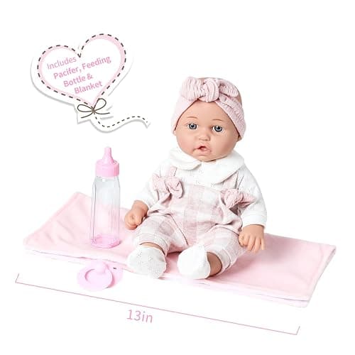 Enjoyin 12'' Baby Doll in Gift Box with Pink Cloths, Pacifier, 13''x13'' Microfabric Blanket, and Feeding Bottle. Gift Idea for Ages 3+ thumbnail 2