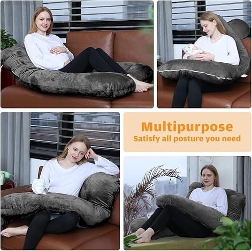 Chilling Home 63in Large Full Body Pillow for Adults, Pregnancy Pillow for Sleeping, Maternity Pillow for Pregnant Women, Comfort U Shaped Pregnancy Pillow with Removable Washable Velvet Cover, Black - 63*28 - Dark Grey thumbnail 5