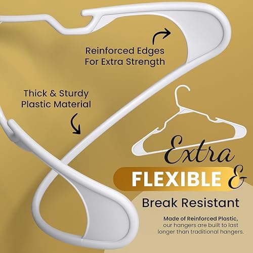 Our Modern Space 100 Pack Adult Plastic Hanger for Shirt Pants Coats Dresses Skirts Suits Jackets - Standard Thick Coat Hanger - Sturdy & Durable Design with Shoulder Grooves Hook - White thumbnail 4