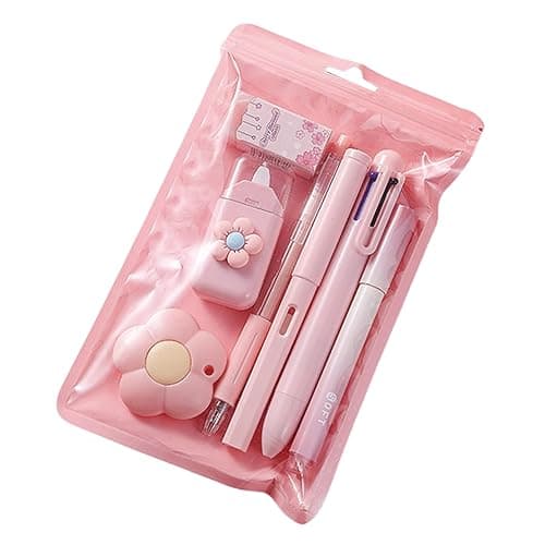 7 Pcs Cute Pink Stationery Set Kawaii School Supplies Office Supplies Including Ballpoint Pens Pencil Sharpener Highlighter Correction Tape Ruler Utility Knife (Pink) - Image 1