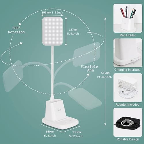 Sailstar Upgraded LED Desk Lamp with Wireless Charger, White Small Desk Light with Pen Holder, 3 Color Modes, CRI 85, 800 Lumen, Study Lamps for College Dorm Room, Home Office, Adapter Included thumbnail 6