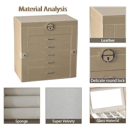 BOOVO Jewelry Box For women, 6 Layer Large Jewelry Organizer With Mirror, Multi-Function Storage Box With Lock, Accessory Holder With 5 Drawers, For Earrings Necklace Ring Bracelet (Pale gold) thumbnail 4