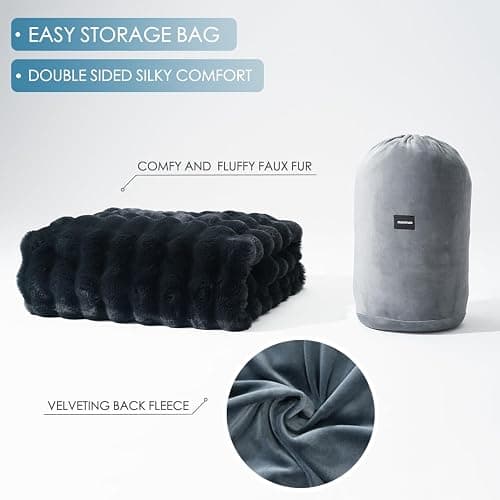 Super Comfort Oversized Warm Thick Bubble Luxury Plush Rabbit Faux Fur Throw Blanket, Fluffy Blanket,Soft Cozy Blanket for Couch Chair Bed Sofa Living Room (Black, 50inX60in) thumbnail 6