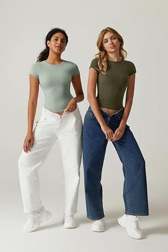 QINSEN Women's Crew Neck Short Sleeve Tees Double Lined Slim Fit T Shirt Basic Y2K Tops thumbnail 6