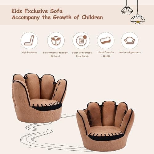Costzon Kids Couch with Solid Wood Frame & Baseball Glove Design, Children Armchair for Play Room, Nursery, Kindergarten, Kids Room, Gift for Boys & Girls (Brown) thumbnail 8