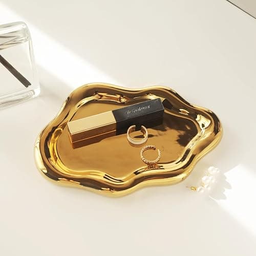 MDFAYE Jewelry Dish Trinket Tray for Women, Ring Dish Holder, Unique Cloud Shape Ceramic Plate Cute Things Vanity Aesthetic Room Decor Mother's Day Birthday (Gold) thumbnail 3